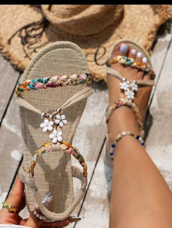 Shoes - Beaded Floral Braided Sandals - Beige SIZE 8